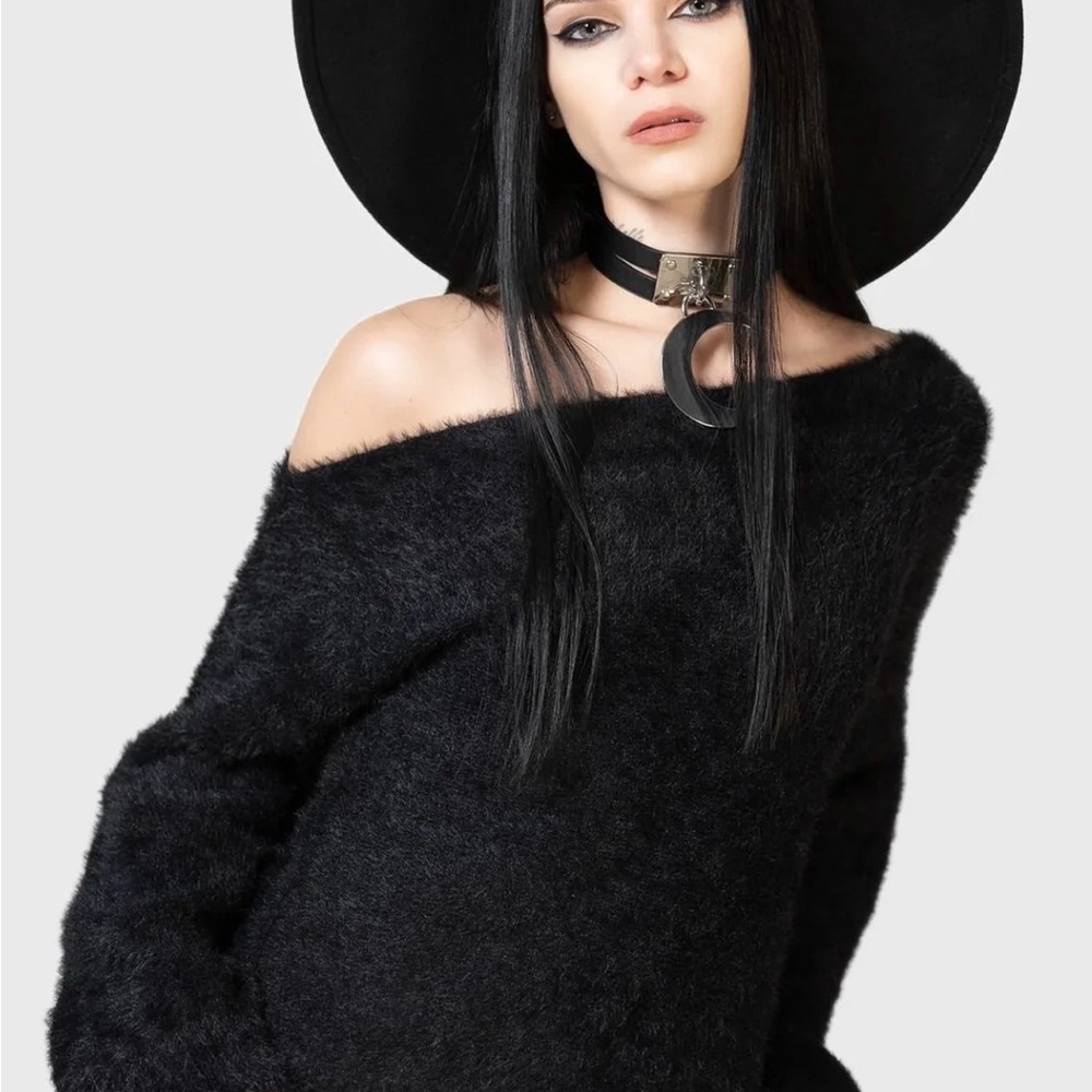 Off-Shoulder Black Fuzzy Women’s Sweater